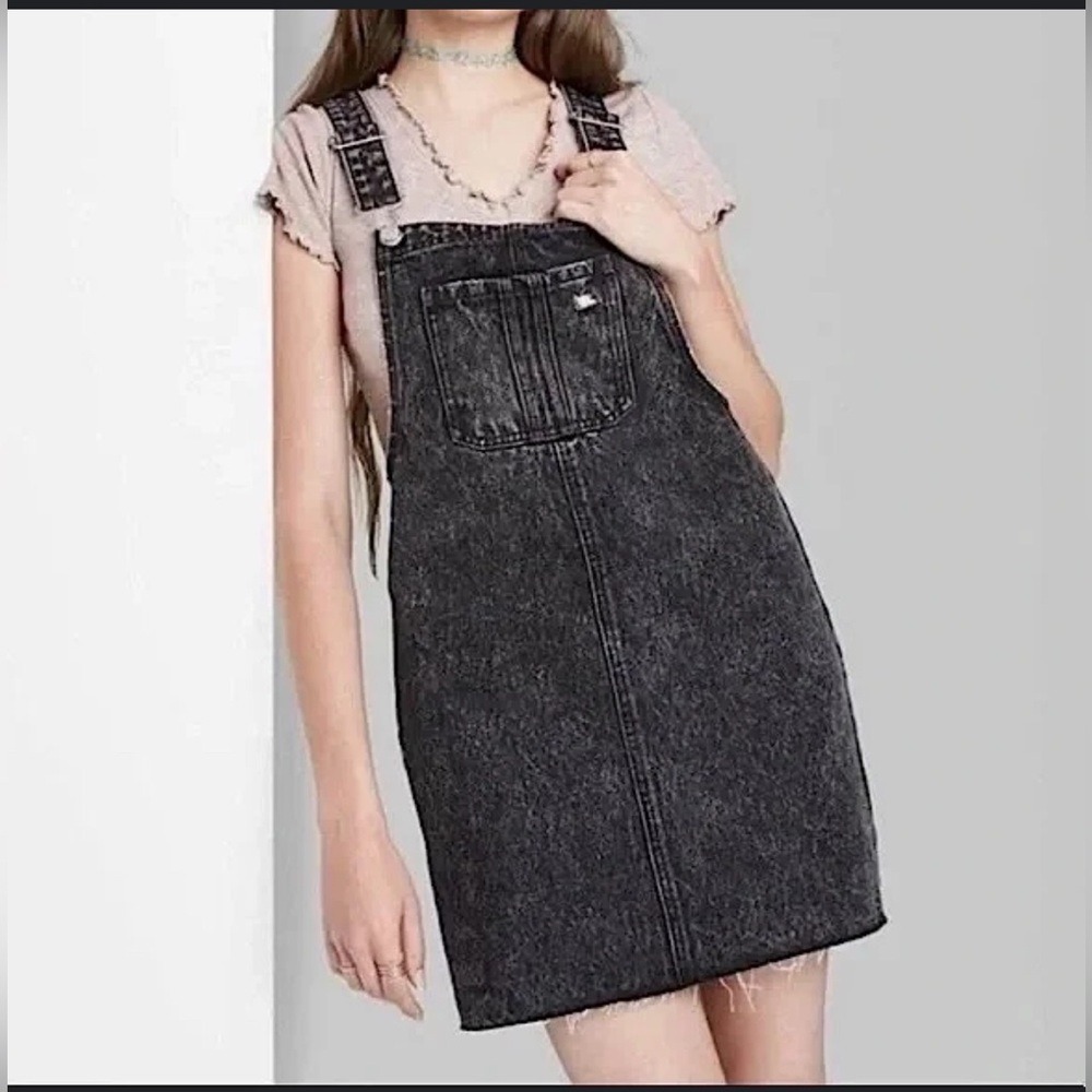 Wild Fable Black Denim Overall Mini Dress Womens Size L Washed Pinafore Raw Hem